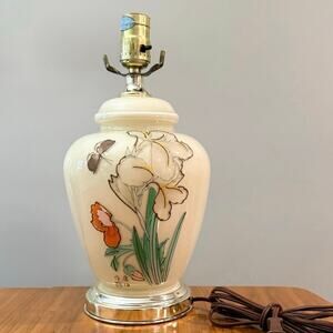 Vintage Lamp Painted Iris Poppy Butterfly Ginger Jar Glass Metal Base 70s 80s